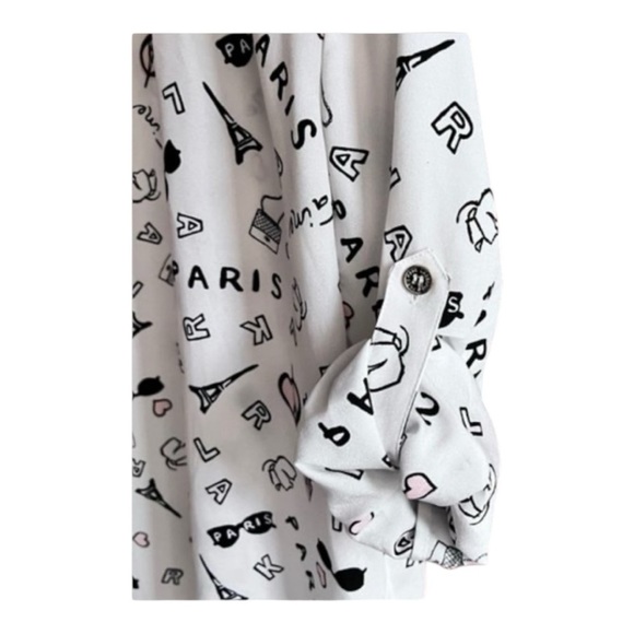 Karl Lagerfeld French Streets Roll Sleeve Button Down Blouse White & Black Sz M - Picture 4 of 17